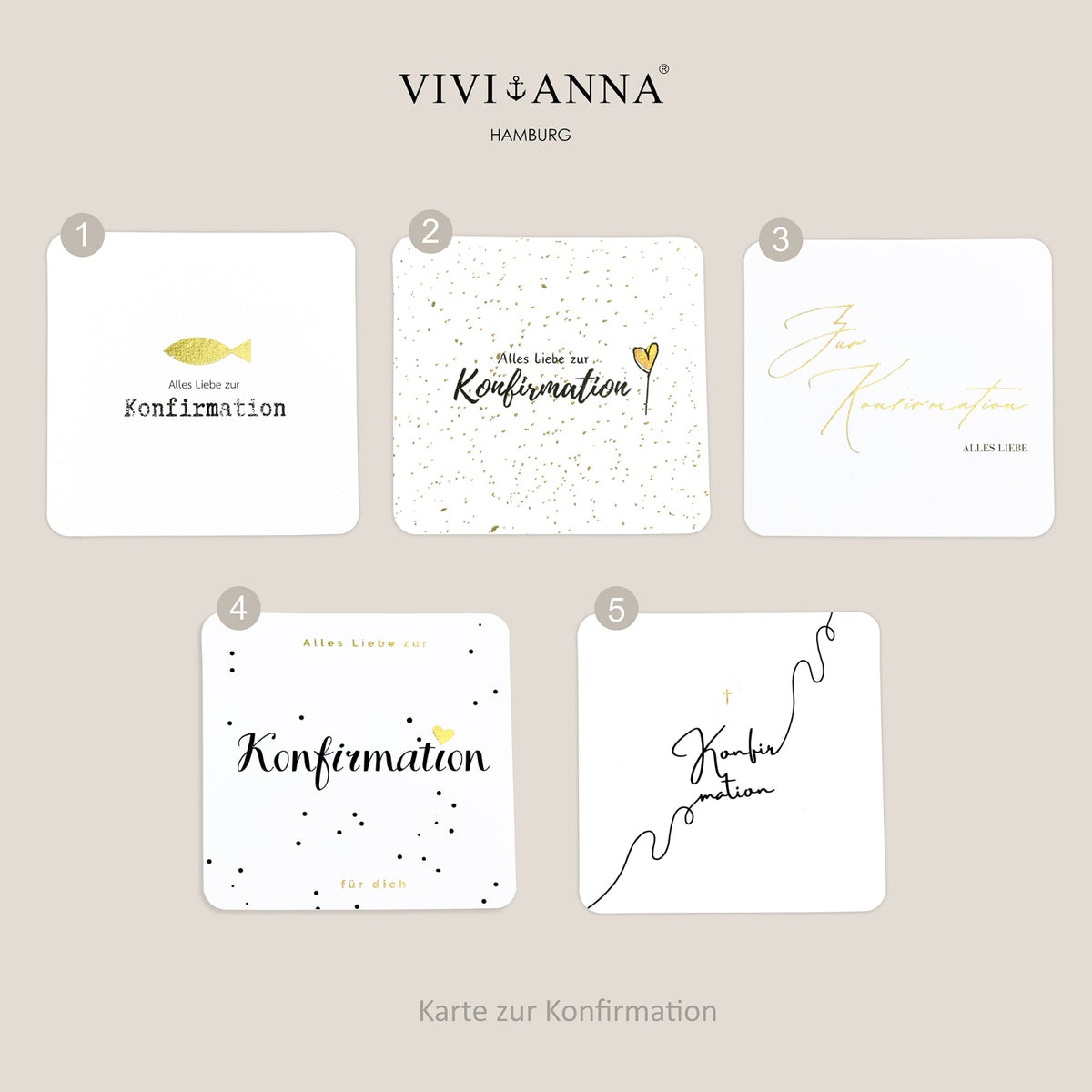 Grußkarten-Auswahl zur Konfirmation – fünf verschiedene Kartendesigns