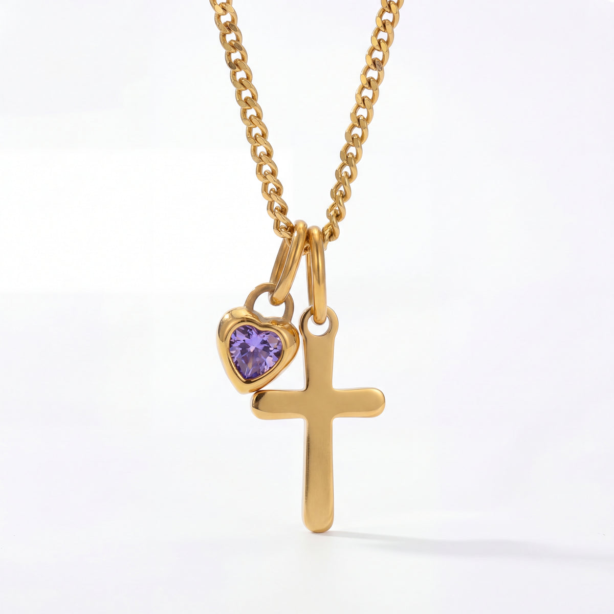 Goldkette mit Kreuzanhänger und Zusatz-Geburtsstein-Herzanhänger in Lila