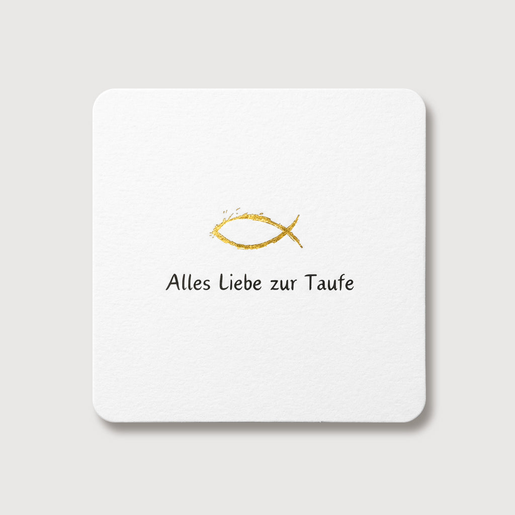 Grußkarte zur Taufe mit goldenem Fisch-Symbol und Schriftzug 'Alles Liebe zur Taufe'