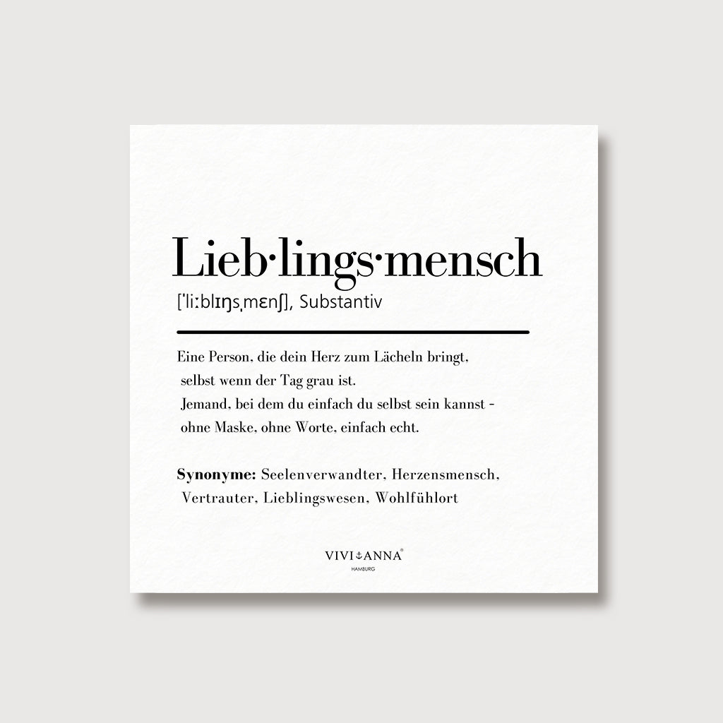 Rückseite der Grußkarte mit Definition des Wortes 'Lieblingsmensch' und Synonymen