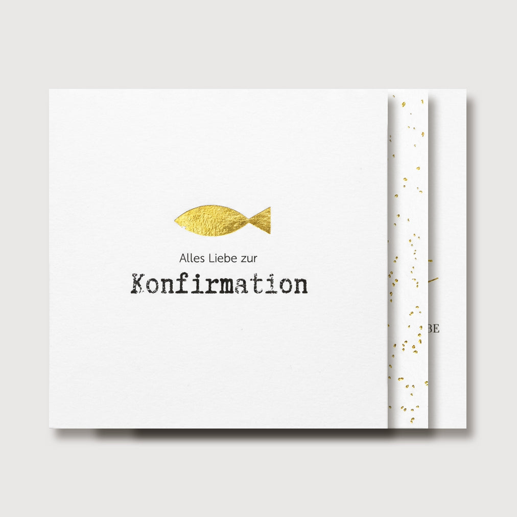Grußkarte zur Konfirmation mit Umschlag, goldenes Fisch-Symbol und Schriftzug 'Alles Liebe zur Konfirmation'
