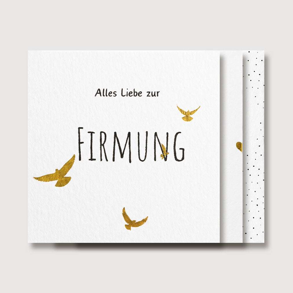 Grußkarte zur Firmung mit Umschlag, goldene fliegende Tauben und Schriftzug 'Alles Liebe zur Firmung'