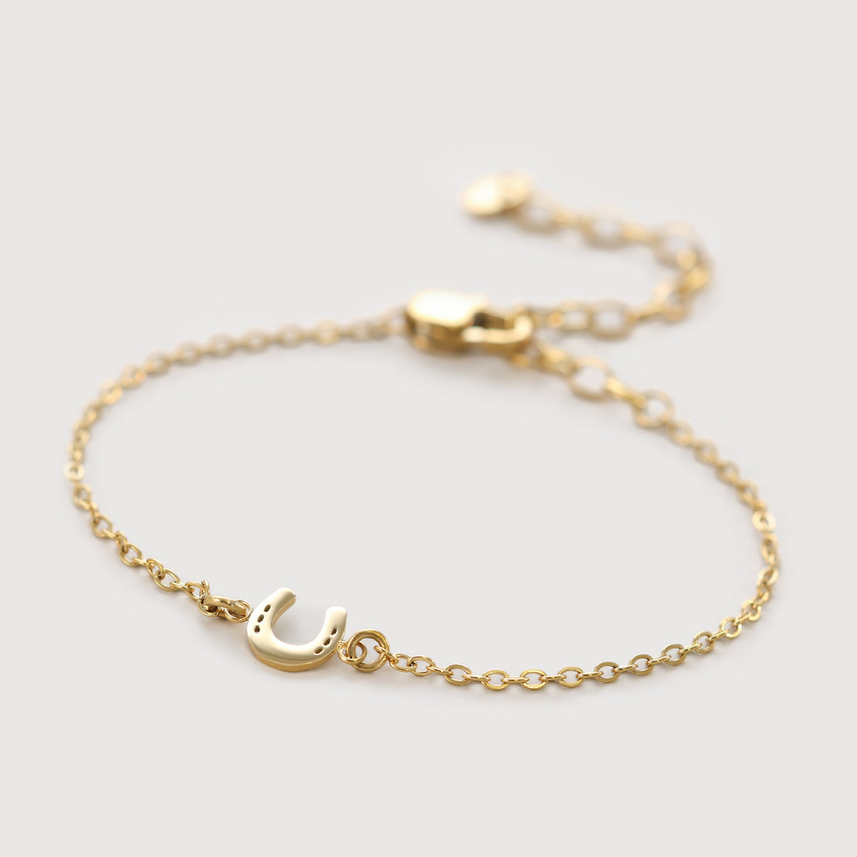Hufeisen Armband in Gold – Nahaufnahme des Anhängers und Verschlusses