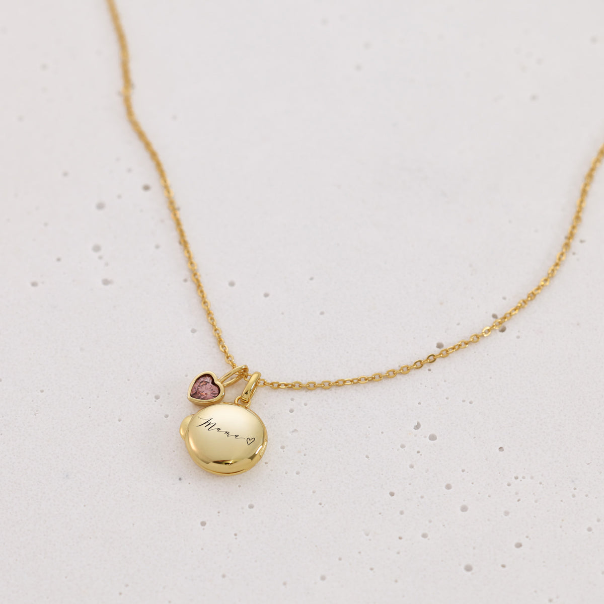 Mini Medaillon Kette mit Herz-Geburtsstein in Gold, graviert mit Schriftzug 'Mama'