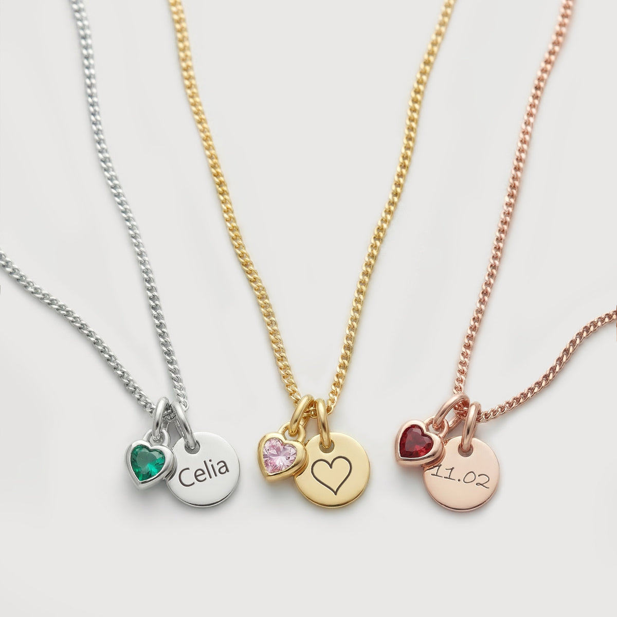 Herz-Geburtsstein Kette mit Gravur – drei Varianten in Silber, Gold und Roségold mit Namensgravur
