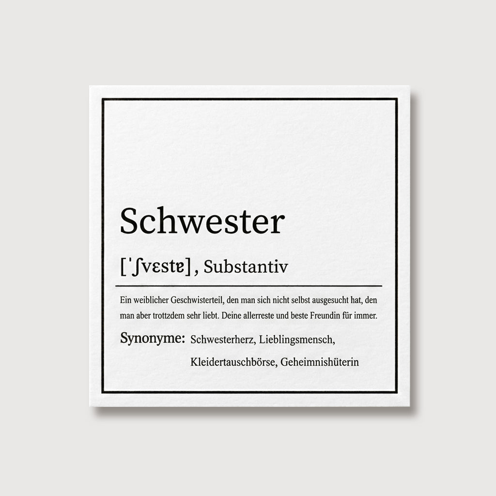 Grußkarte für die Schwester mit Wörterbuch-Definition des Wortes Schwester