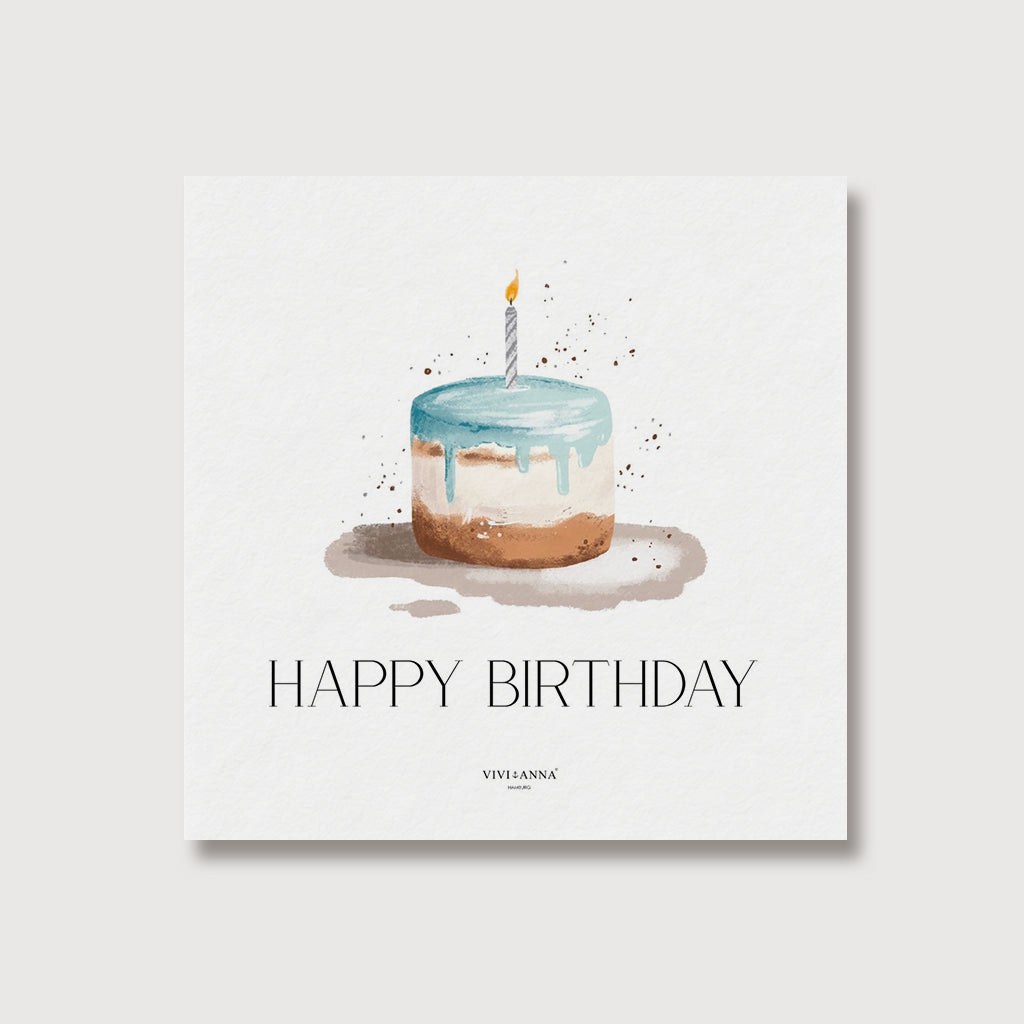 Geburtstagskarte 'Happy Birthday' mit Aquarell-Kuchen und Kerze, flach liegend