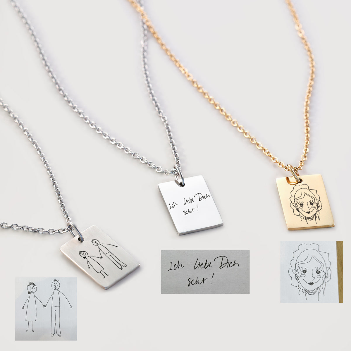 Personalisierte Halsketten mit graviertem Kinderzeichnung- und Handschrift-Motiv in Silber und Gold