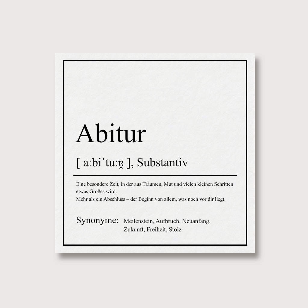 Grußkarte zum Abitur – Rückseite mit Wörterbuch-Definition und Synonymen zu 'Abitur'