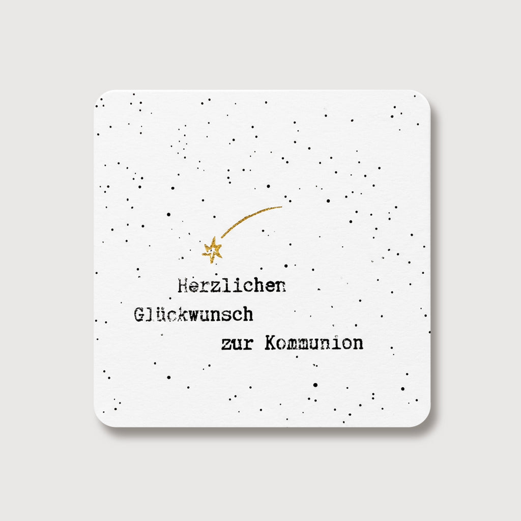 Grußkarte zur Kommunion mit goldener Sternschnuppe und gepunktetem Hintergrund, Schreibmaschinenschrift