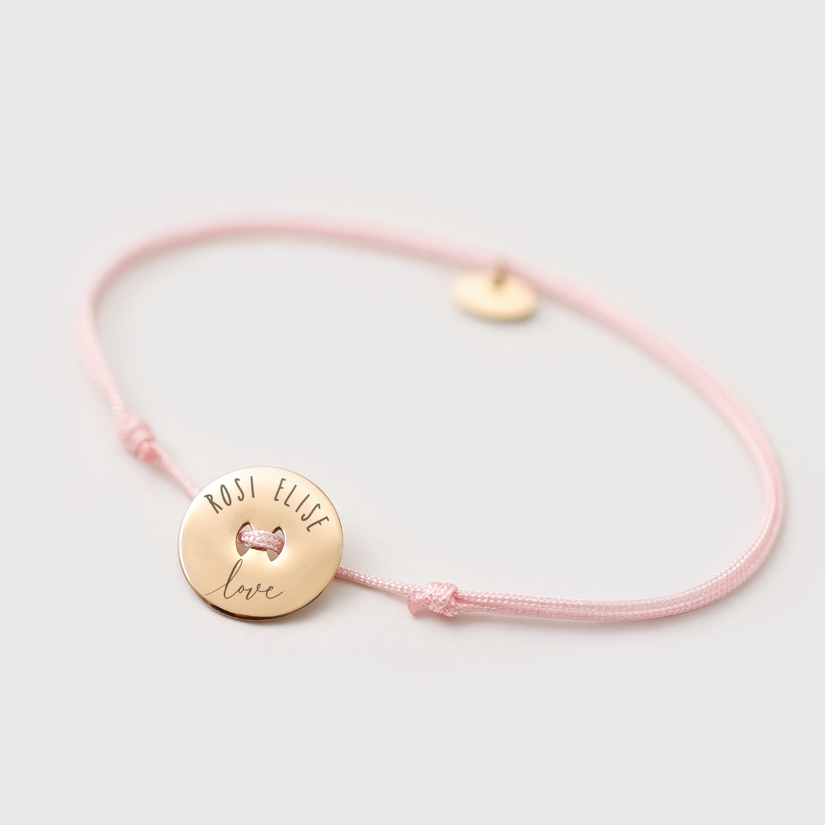 Personalisiertes Nylon Armband in Rosa, goldenes Plättchen mit Gravur Rosi Elise und Love