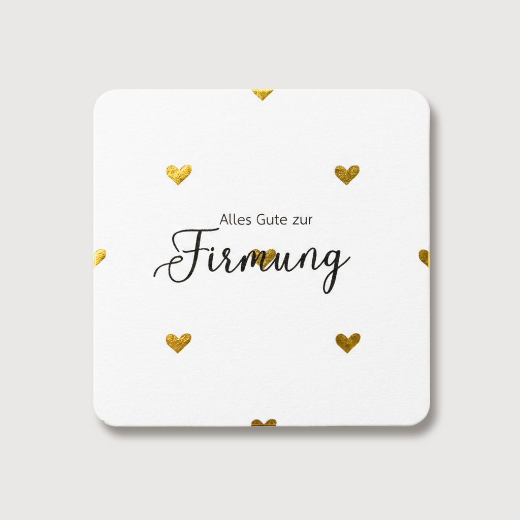 Grußkarte zur Firmung mit goldenen Herzchen und Schriftzug 'Alles Gute zur Firmung'