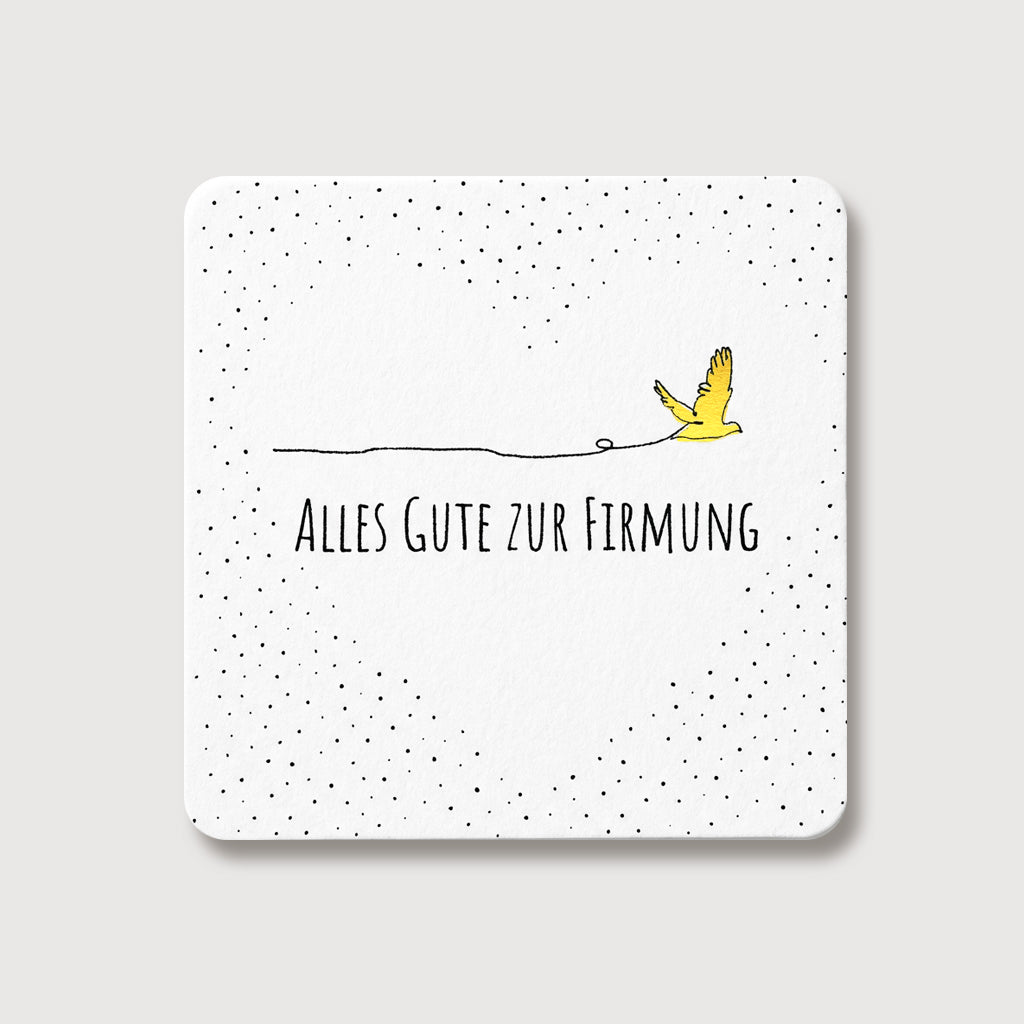 Grußkarte zur Firmung mit gelbem fliegendem Vogel und gepunktetem Hintergrund