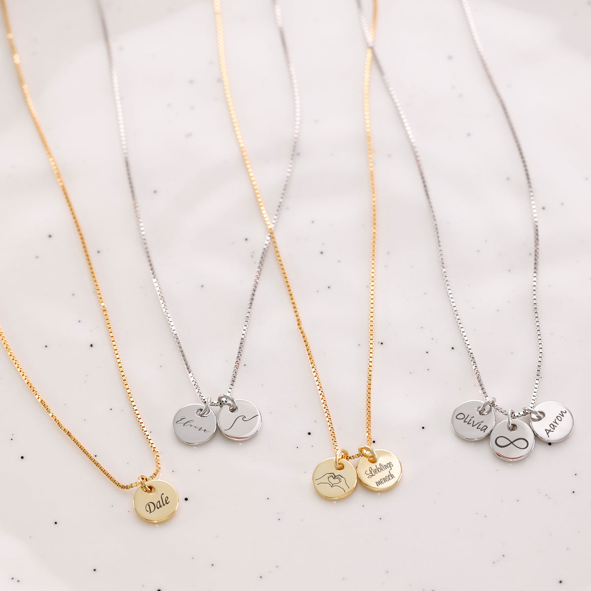 Mini-Plättchen-Namen Box Kette 925er Sterling Silber – verschiedene Varianten mit Namen und Symbolen