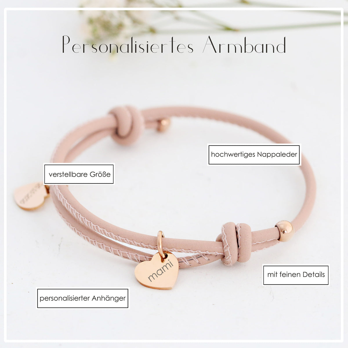 Herz-Anhänger Lederarmband mit Gravur – Infografik zu Nappaleder, verstellbarer Größe und Anhänger 'mami'