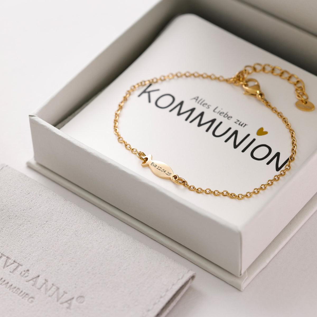 Ichthus-Armband mit Gravur in Gold in Geschenkbox mit Kommunions-Karte, Fischanhänger graviert mit Datum