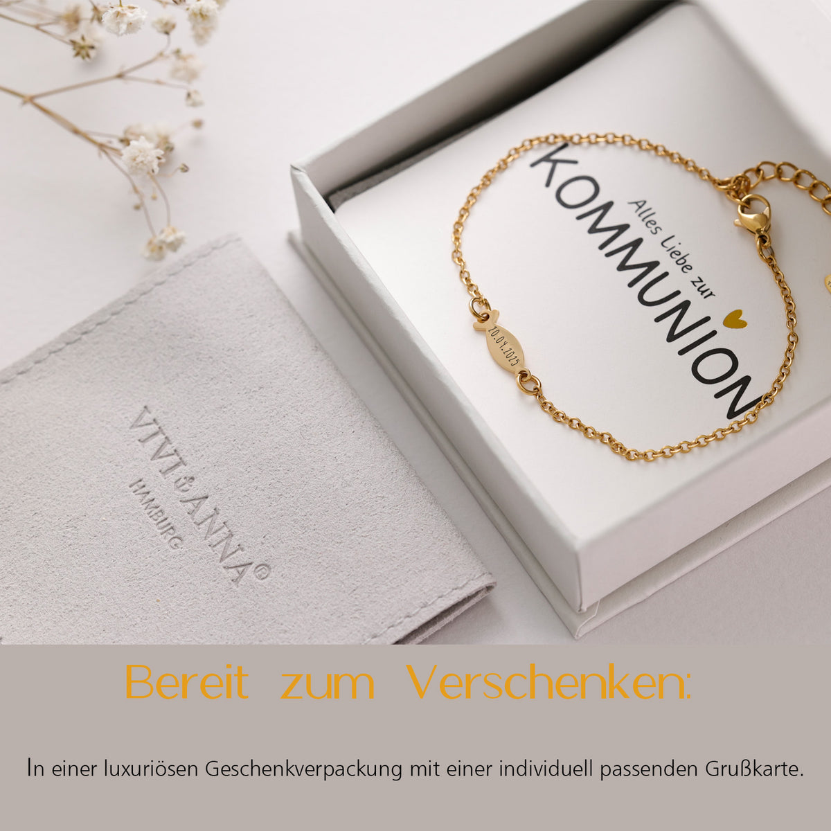 Ichthus-Armband mit Gravur in Gold in Geschenkverpackung mit Kommunions-Karte, 'Bereit zum Verschenken'