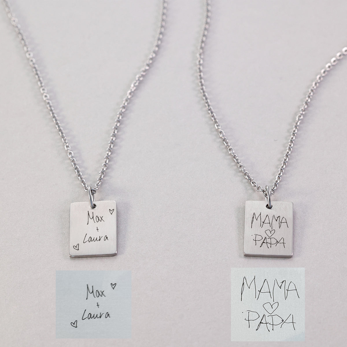 Personalisierte Halsketten in Silber mit Gravur eigener Handschrift 'Max + Laura' und 'Mama Papa'