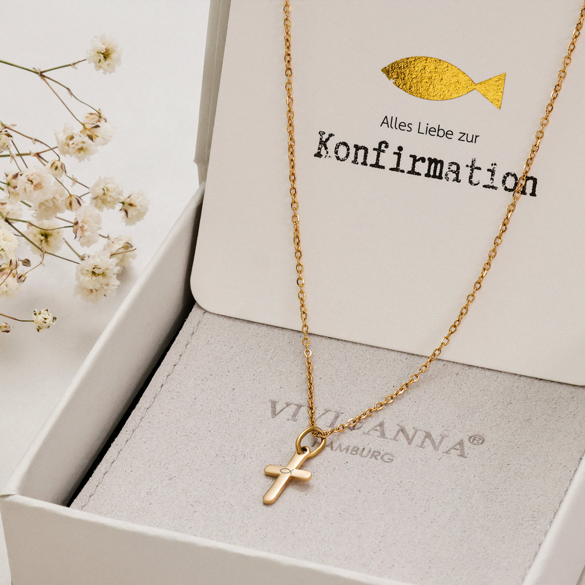 Mini-Kreuzkette – Christliches Geschenk in Geschenkbox mit goldener Konfirmationskarte