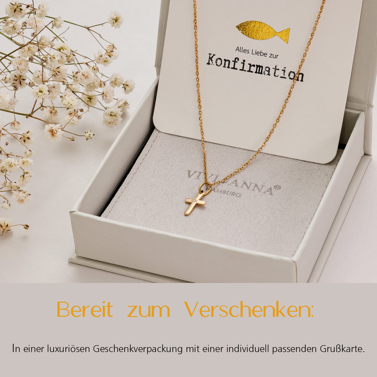 Mini-Kreuzkette in edler Geschenkverpackung mit Konfirmationskarte, bereit zum Verschenken