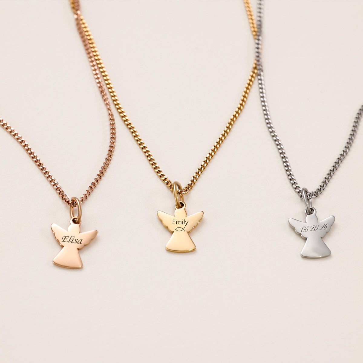 Schutzengel-Kette mit Wunschgravur in Roségold, Gold und Silber, mit Namen und Datum graviert
