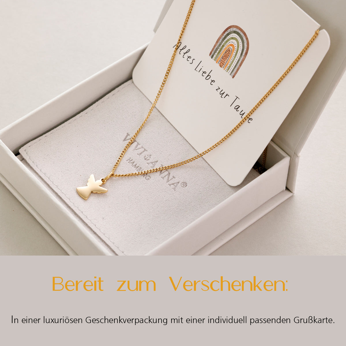 Schutzengel-Kette mit Wunschgravur in Gold in Geschenkbox mit Taufkarte