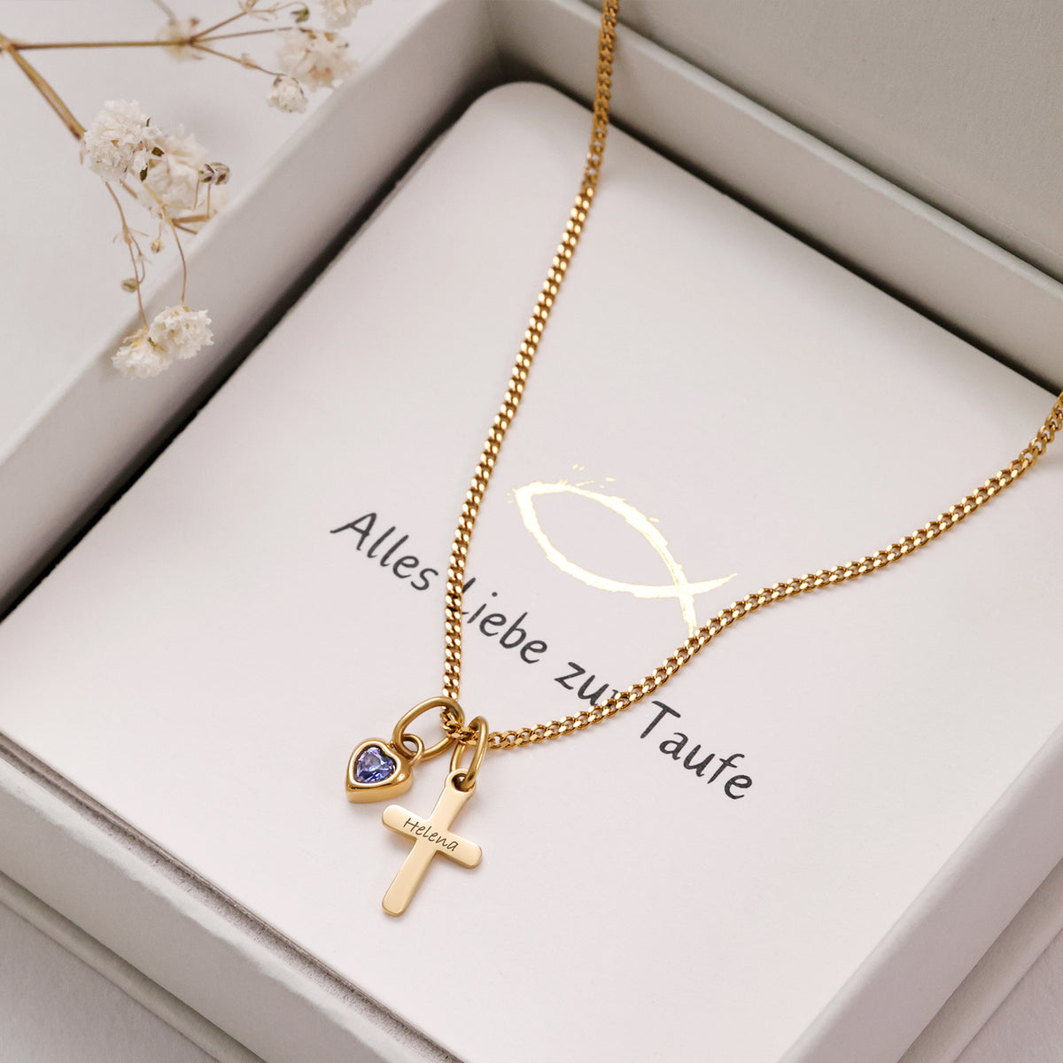 Kreuzkette mit Herz Geburtsstein mit Wunschgravur in Gold, Gravur Helena in Geschenkbox