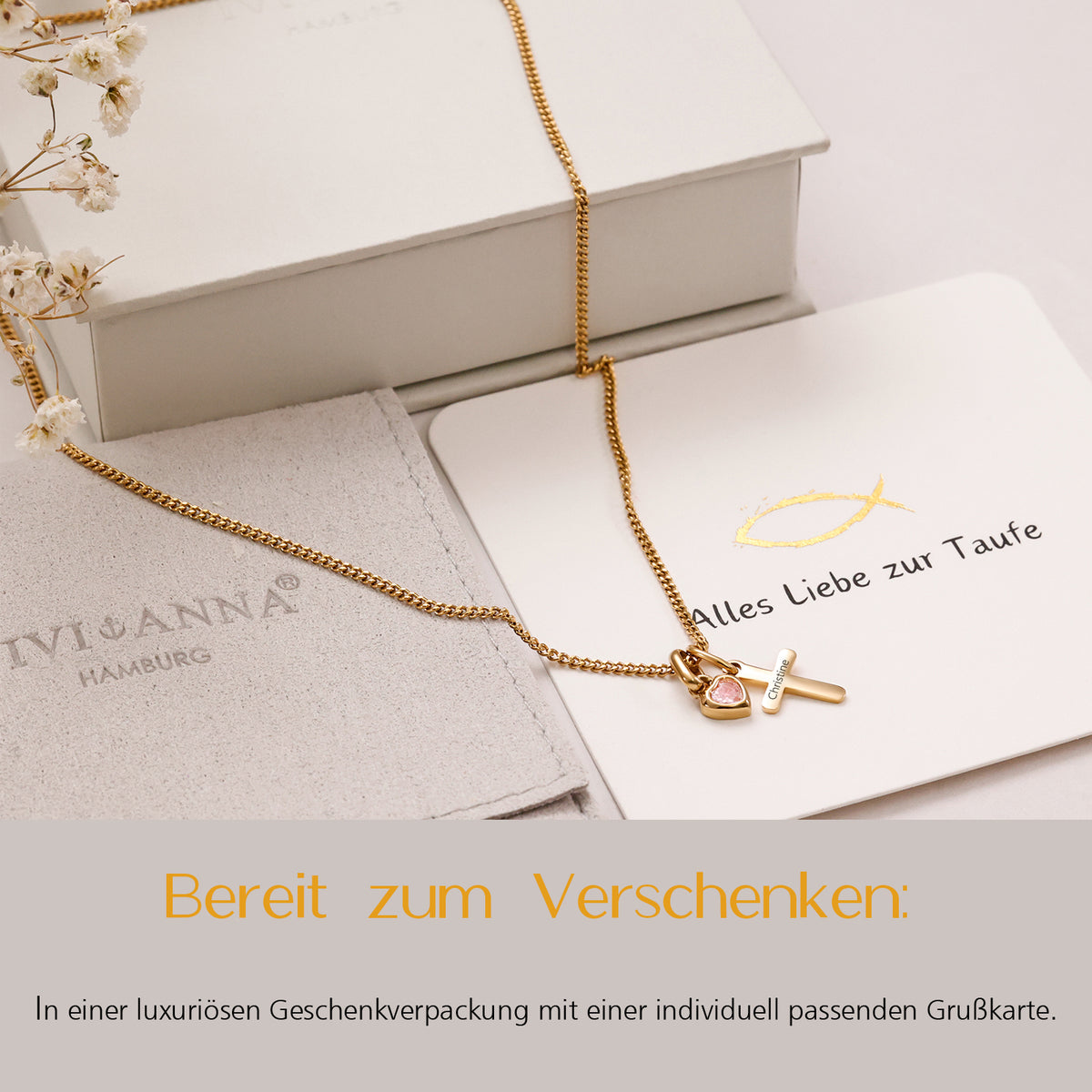 Kreuzkette mit Herz Geburtsstein mit Wunschgravur in Gold, versandfertig mit Geschenkverpackung und Taufkarte