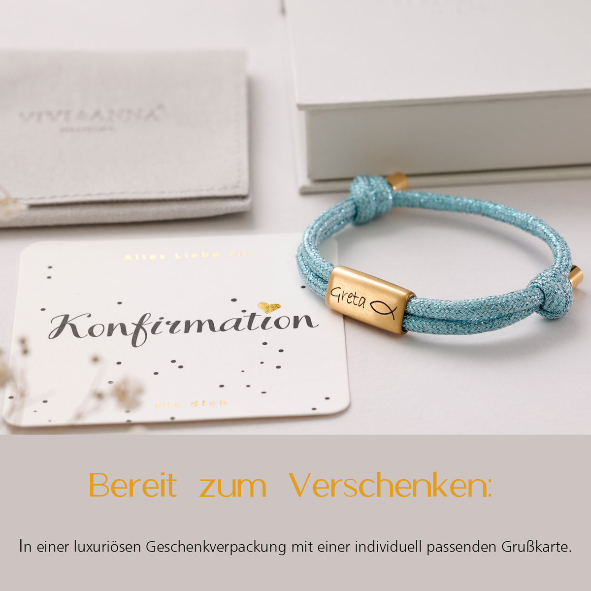Hellblaues Glitzer Segeltau Armband mit Geschenkverpackung und Konfirmations-Grußkarte, Plättchen graviert 'Greta'