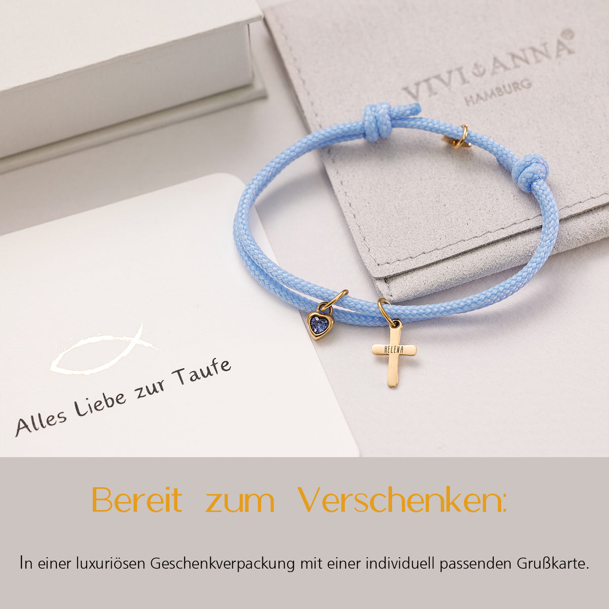 Mini Kreuz Segeltau Armband mit Herz-Geburtsstein in Geschenkverpackung mit Grußkarte zur Taufe