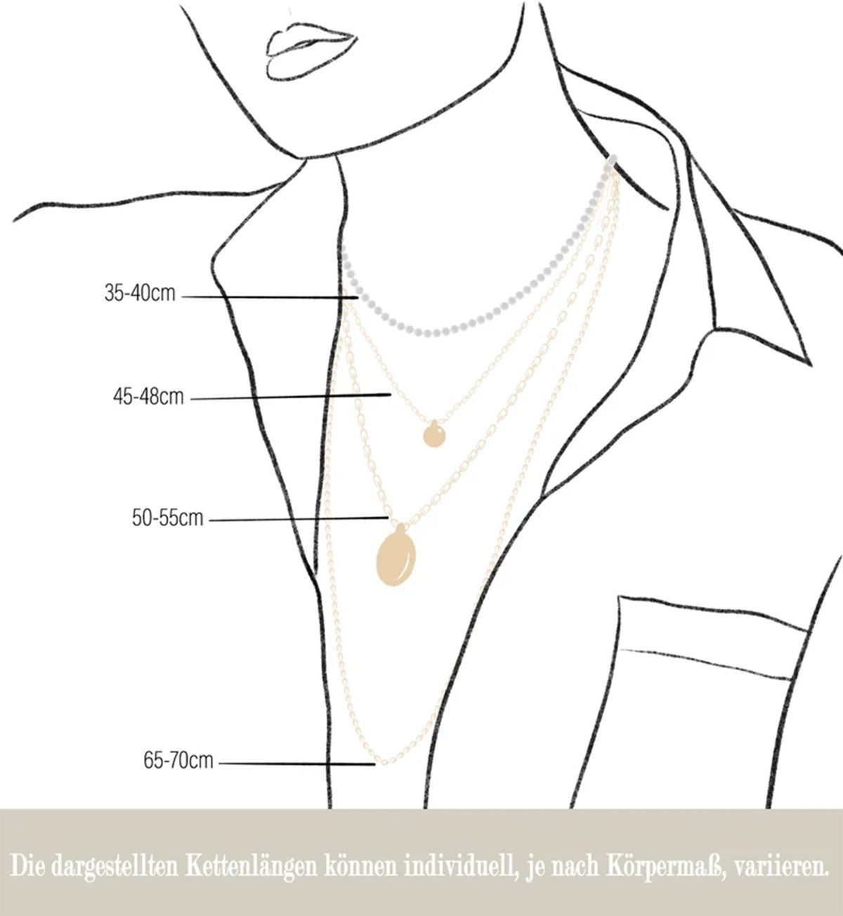 Kettenlängen-Übersicht für die Sternenmoment Kette – Illustration mit 35 bis 70 cm Längenoptionen