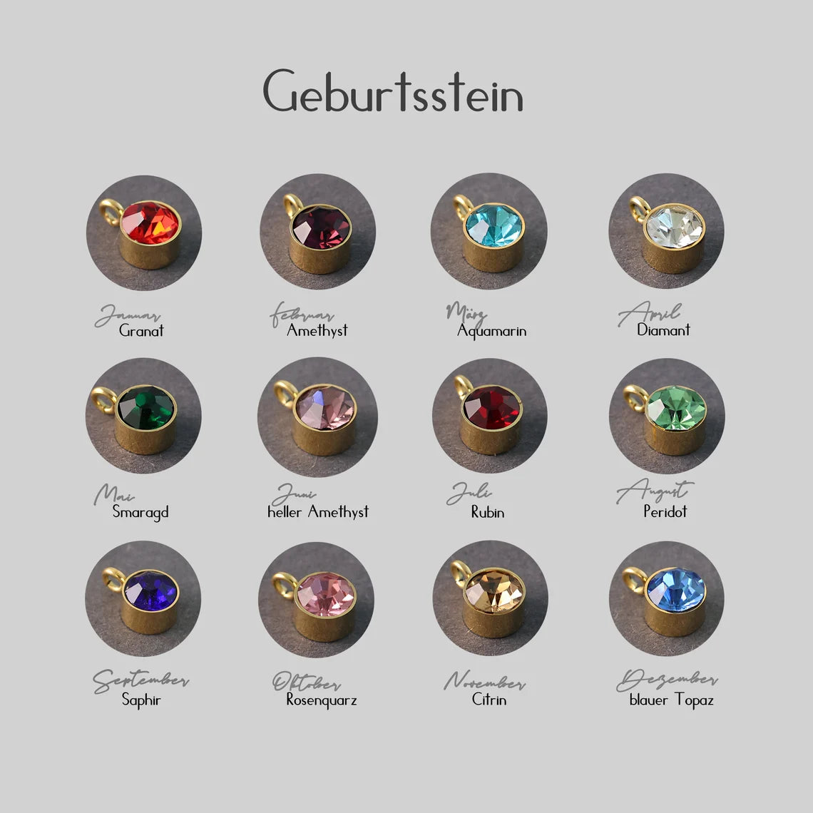 Geburtsstein-Farbübersicht für die personalisierte Kette – zwölf Monatsfarben in Gold