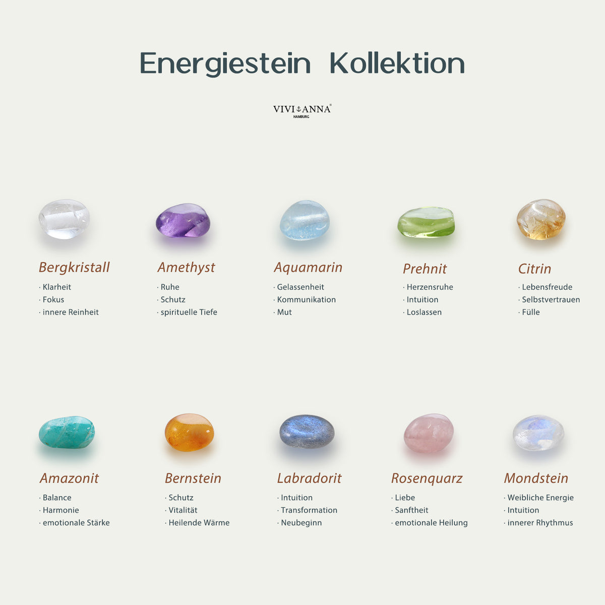 Übersicht der Energiestein-Kollektion mit zehn Steinarten und ihrer Bedeutung