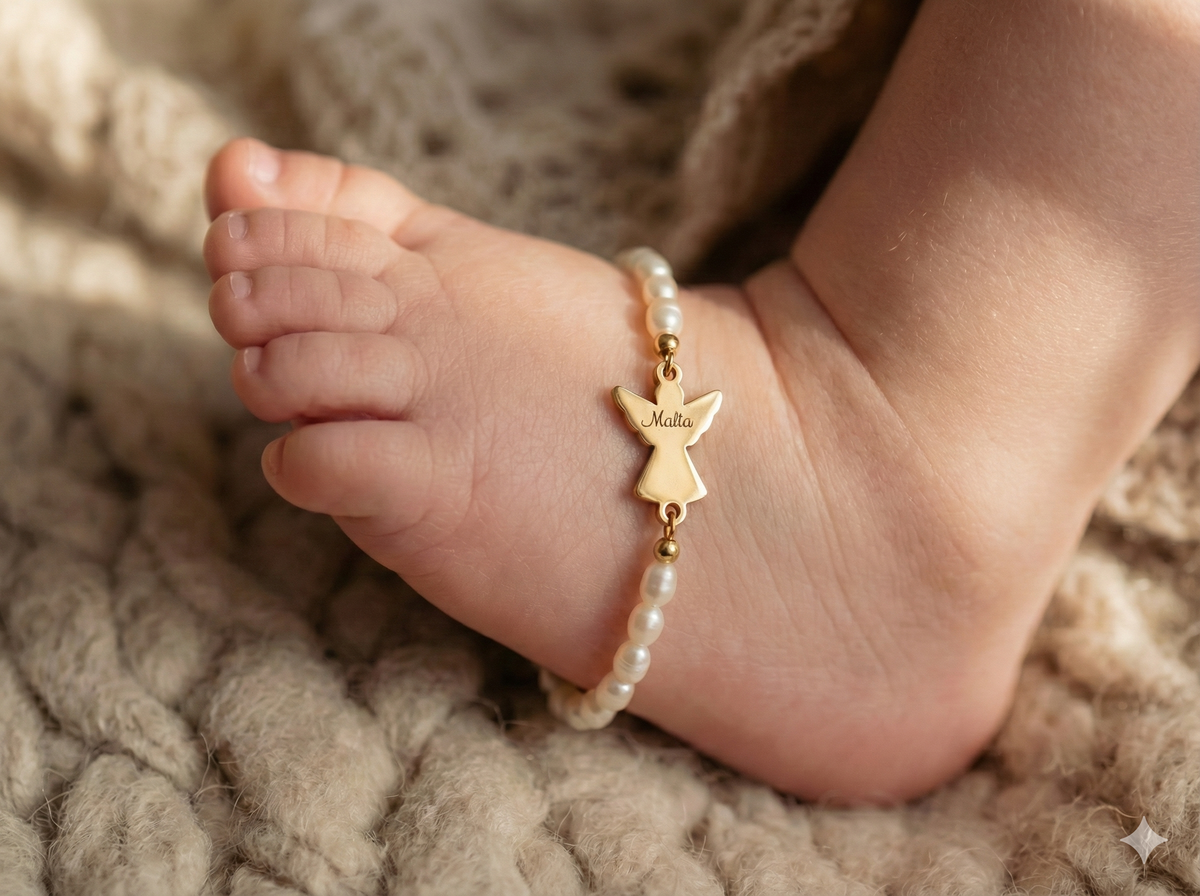 Babyfuß mit Perlenarmband und goldenem Engel mit Gravur 'Malia' auf heller Wolldecke