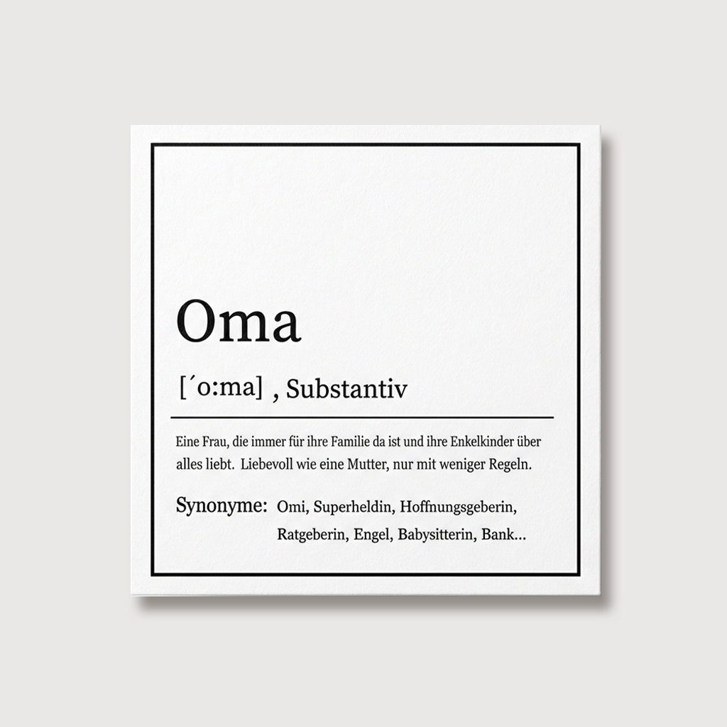 Grußkarte im Wörterbuch-Stil mit Definition „Papa“ und Synonymen wie „Superheld, Vorbild“