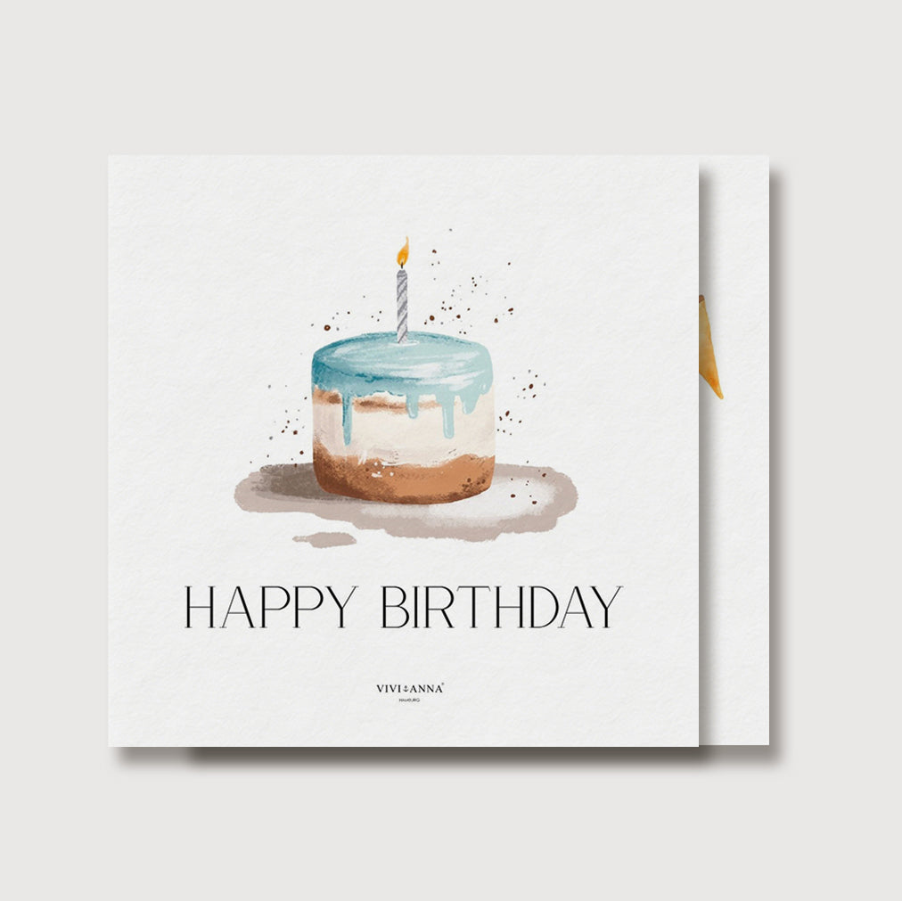 Geburtstagskarte 'Happy Birthday' mit Kuchen-Illustration und Kerze, Umschlag im Hintergrund
