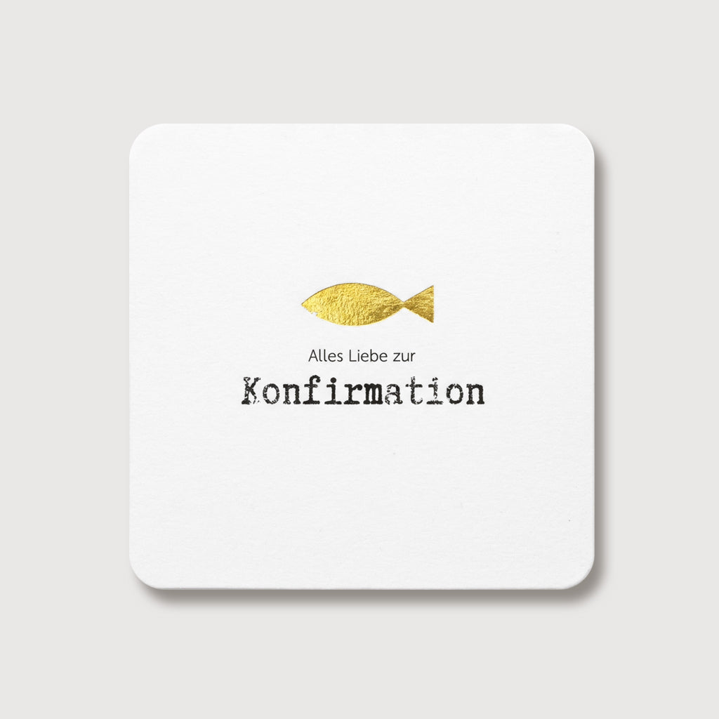 Grußkarte zur Konfirmation mit goldenem Fisch-Symbol auf weißer Karte