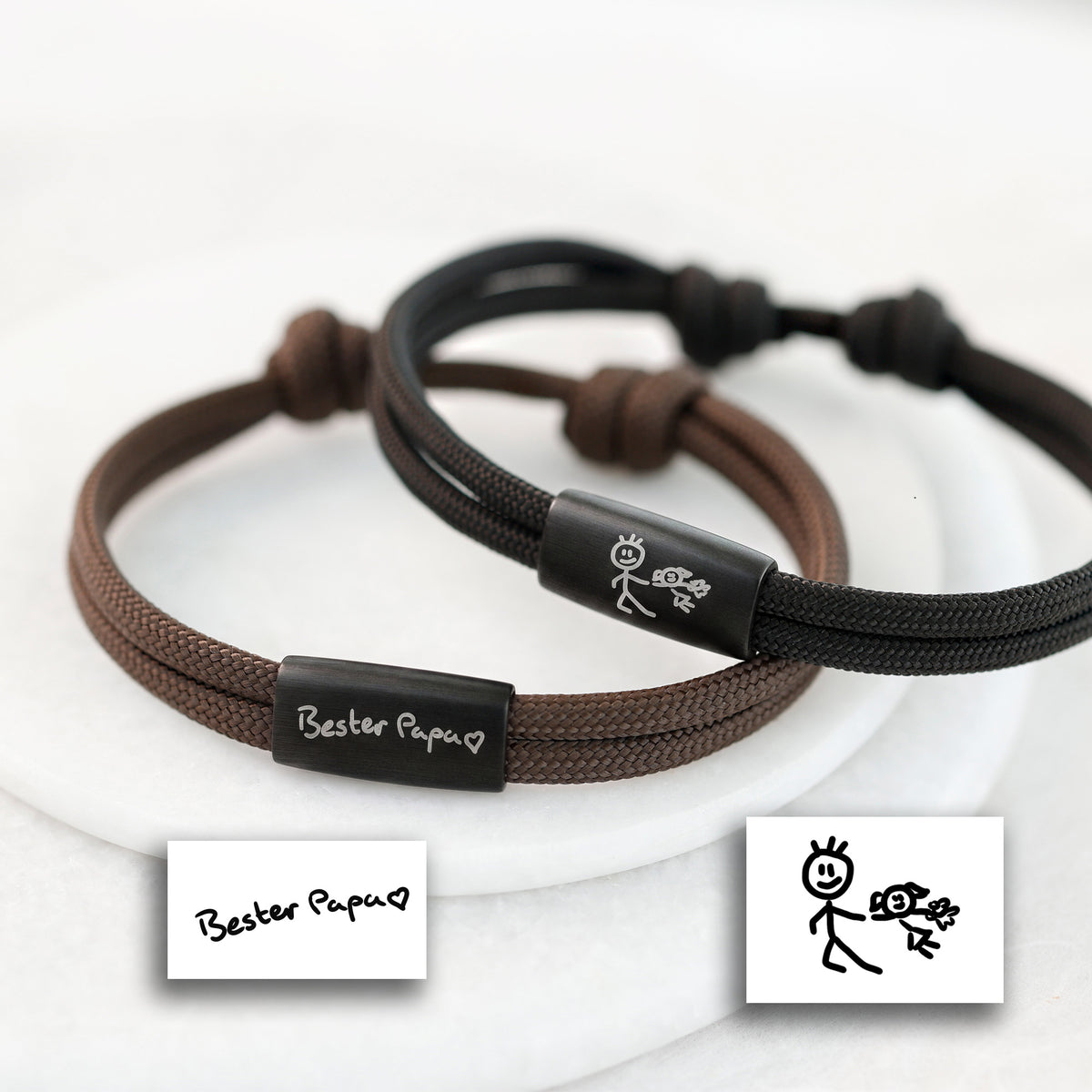 Personalisiertes Armband mit echter Zeichnung in Braun und Schwarz – Gravur 'Bester Papa' und Kinderzeichnung