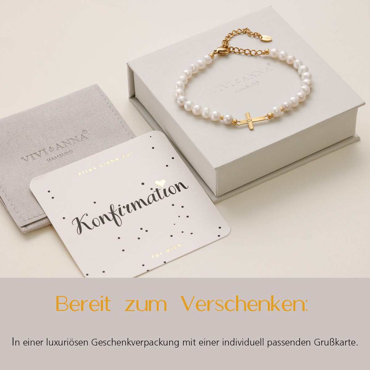 Süßwasserperlen Kreuz Armband mit Geschenkverpackung und Grußkarte zur Konfirmation