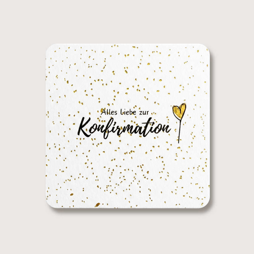 Grußkarte zur Konfirmation mit goldenen Konfetti-Punkten und kleinem goldenem Herz