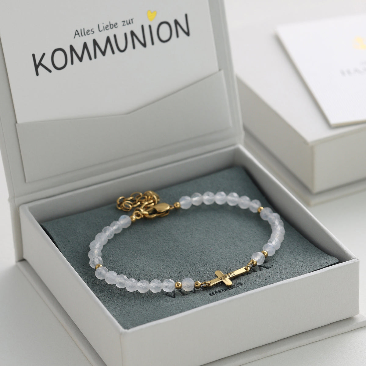 Mondstein Kreuz Armband - Geschenk zur Kommunion mit Karte