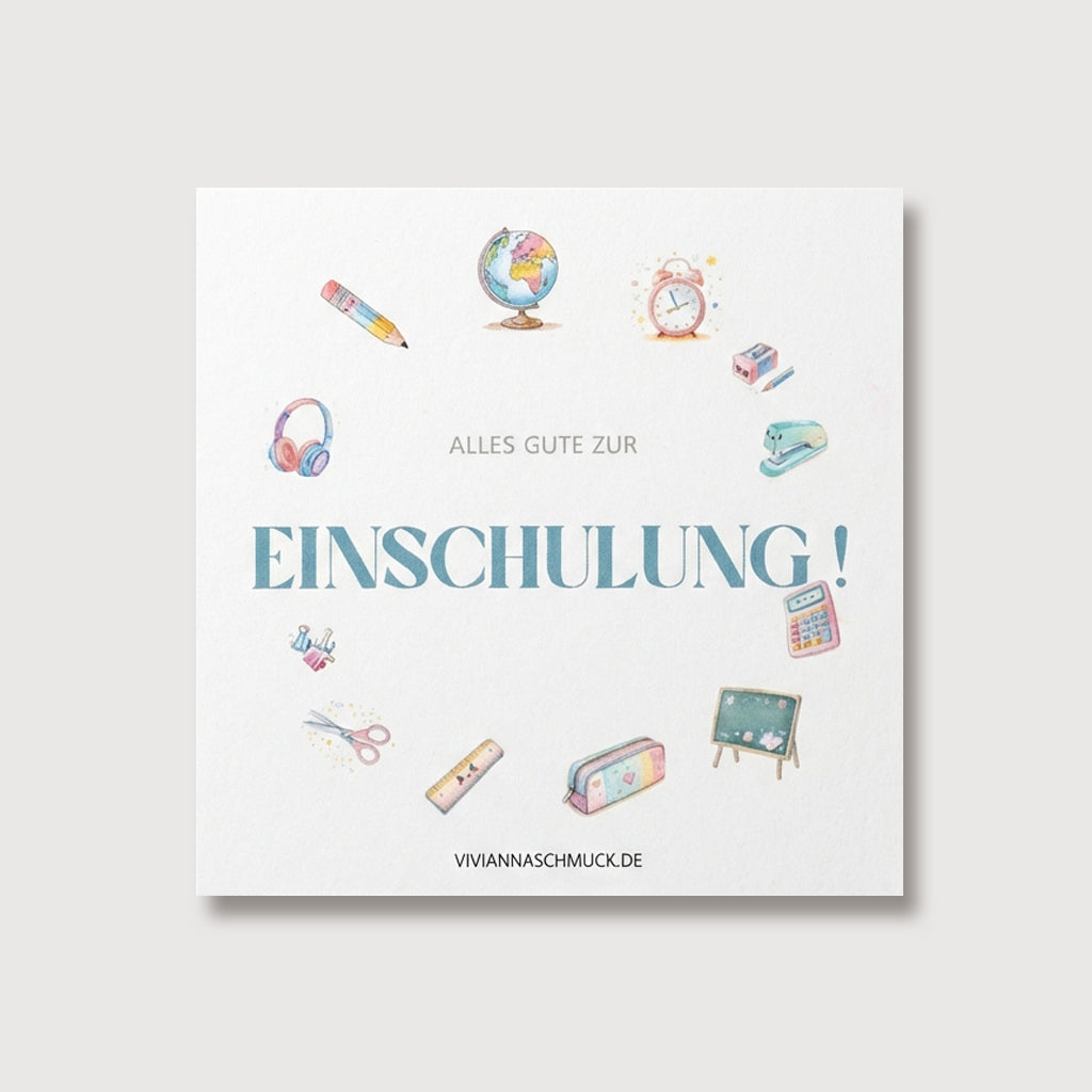 Grußkarte zur Einschulung mit Schulmotiven und Schriftzug Alles Gute zur Einschulung