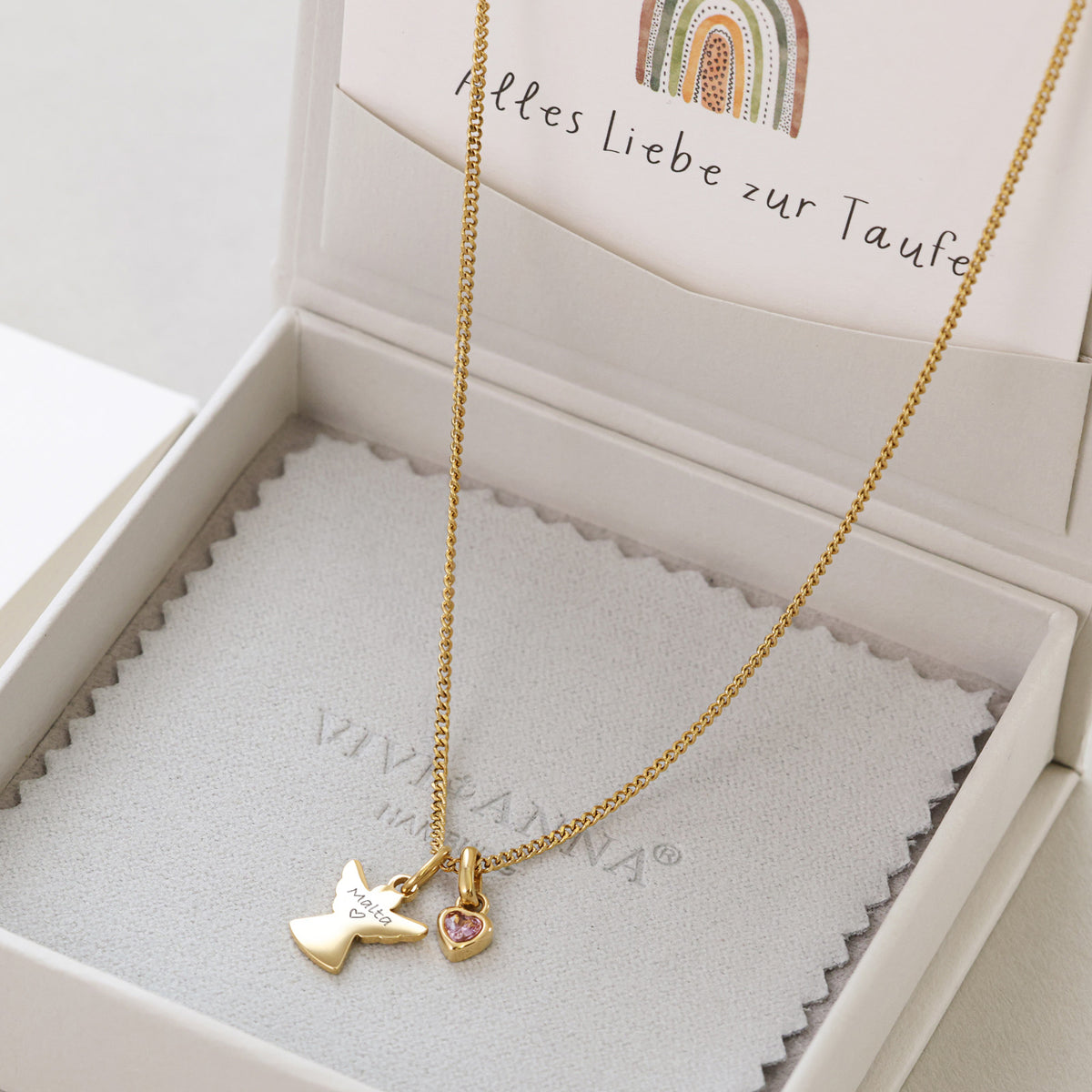 Schutzengel-Kette mit Herz Geburtsstein in Gold in Geschenkbox mit Taufkarte