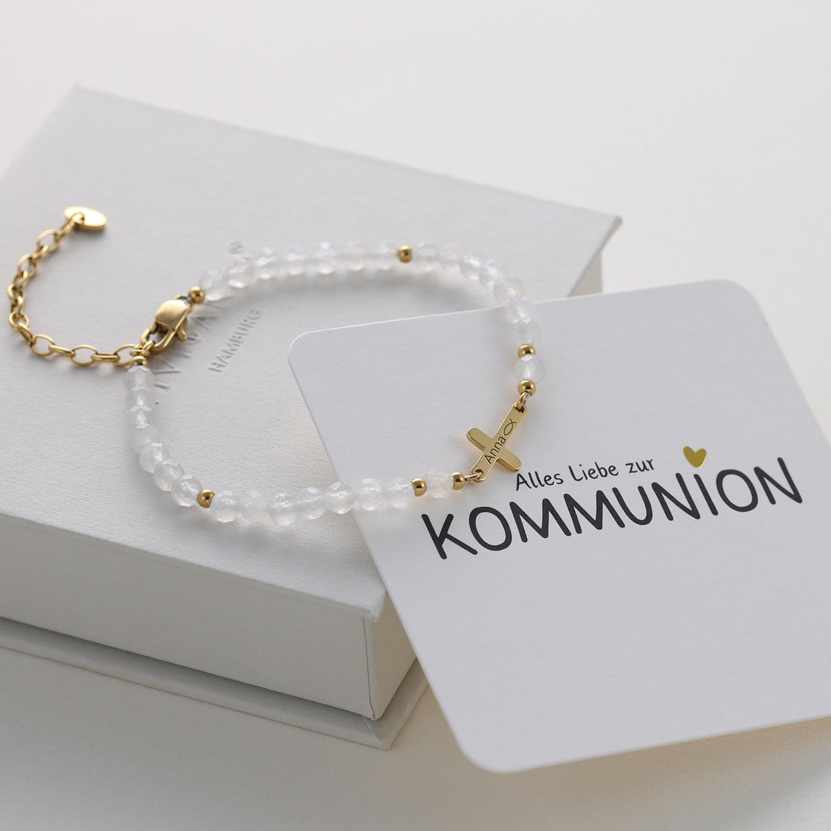 Mondstein Kreuz Armband - Geschenk zur Kommunion mit Karte