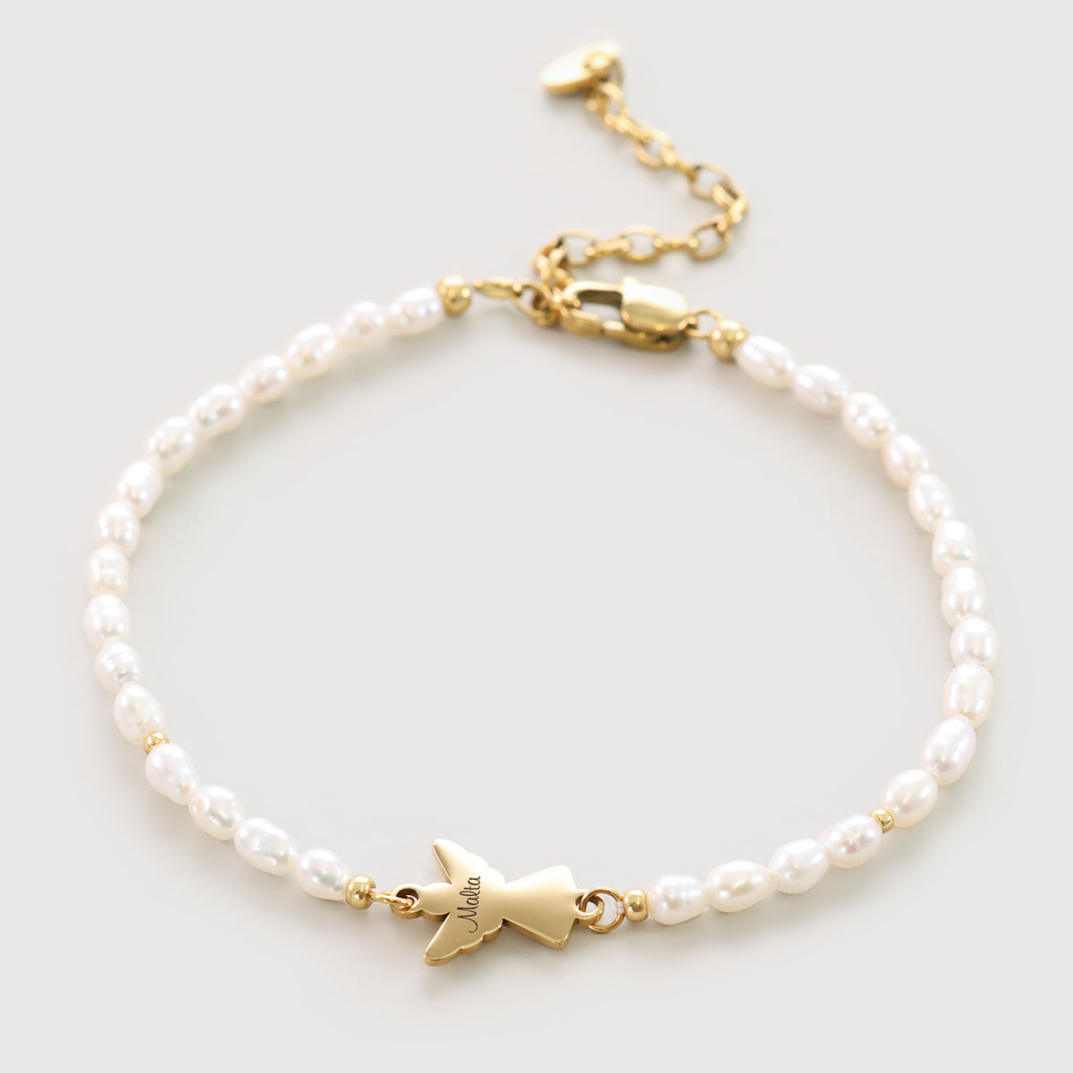 Süßwasser-Perlenarmband mit goldenem Schutzengel-Anhänger, graviert mit Namen Melia