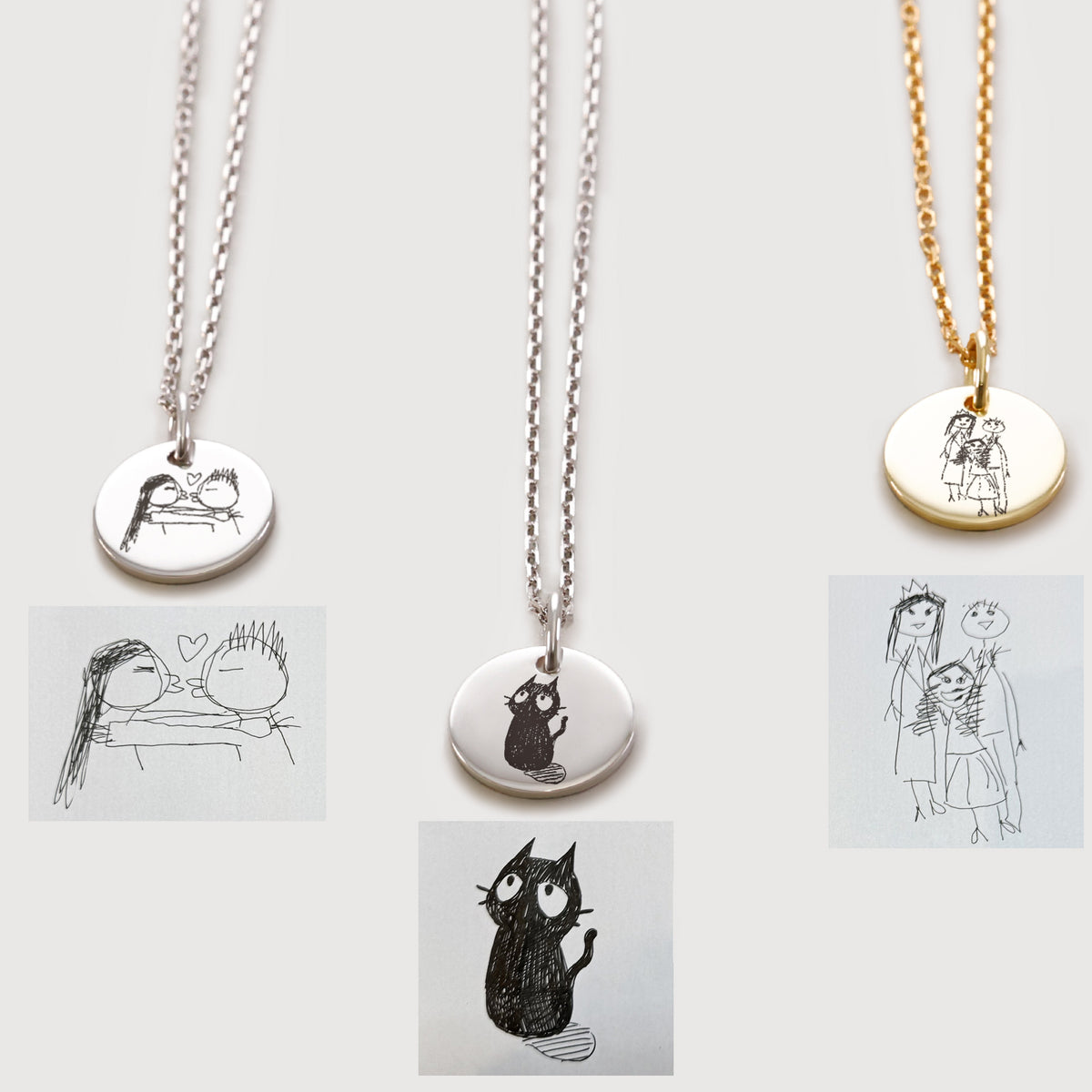 Kette mit eigener Handschrift oder Zeichnung – drei Varianten mit Kuss-Motiv, Katze und Familienbild