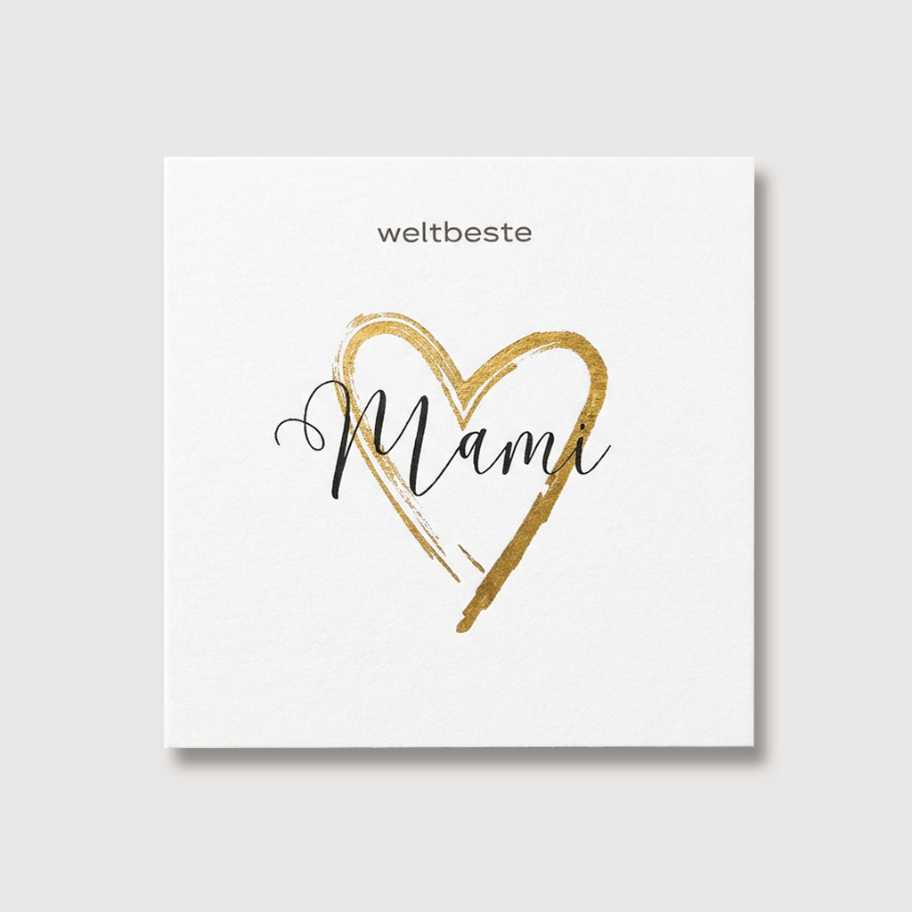 Grußkarte für Mama „weltbeste Mami“ mit goldenem Herz-Umriss, frontal fotografiert