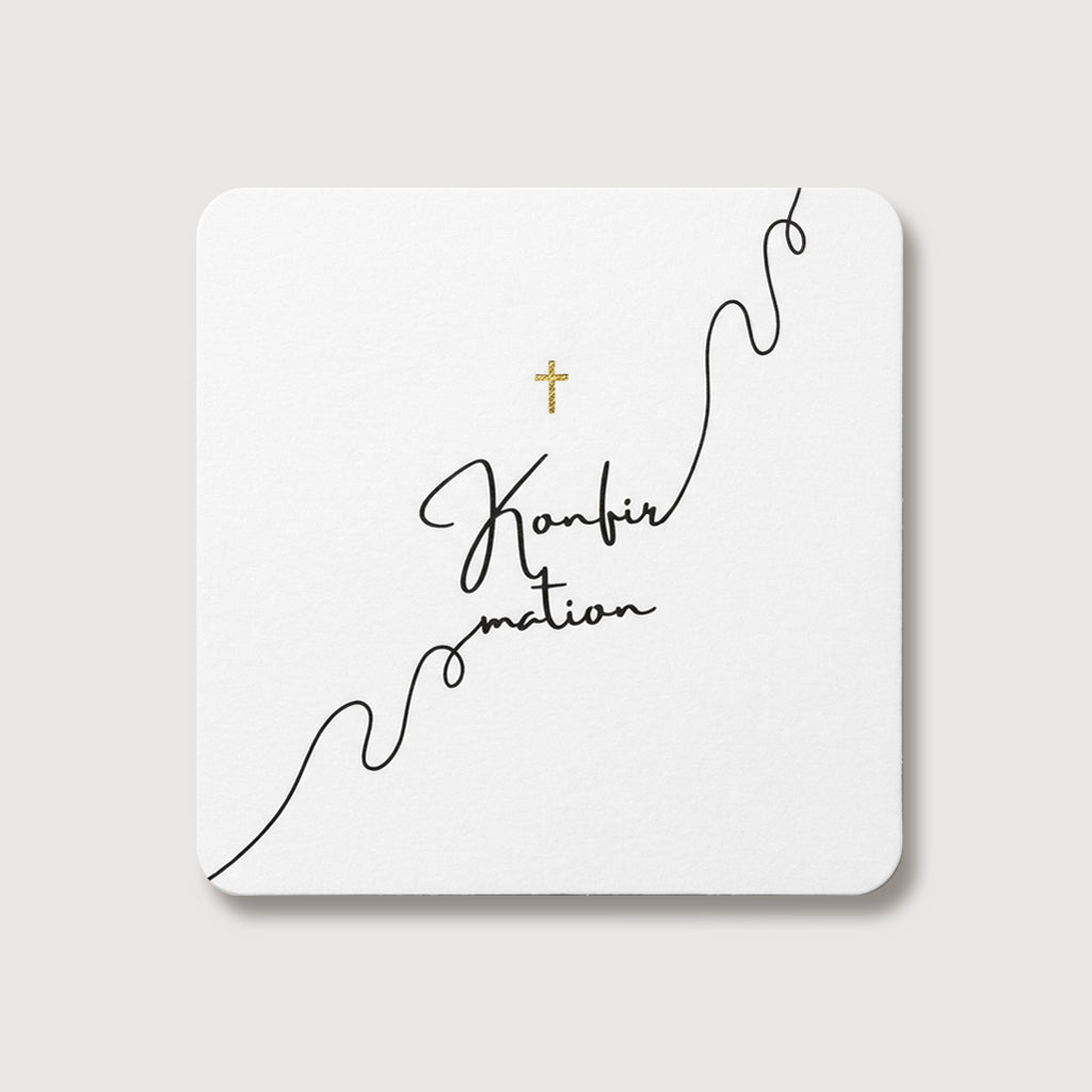 Grußkarte zur Konfirmation mit goldenem Kreuz und geschwungener Linienzeichnung