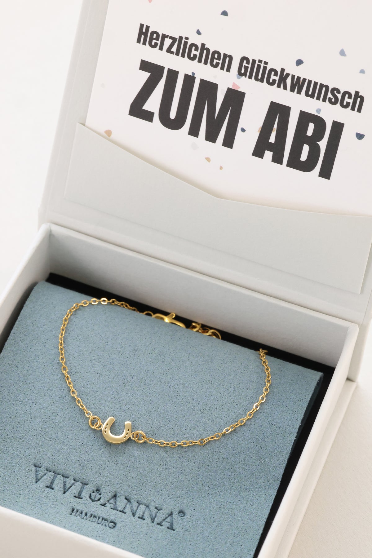 Hufeisen Armband in Gold in Geschenkbox mit Grußkarte 'Herzlichen Glückwunsch zum Abi'