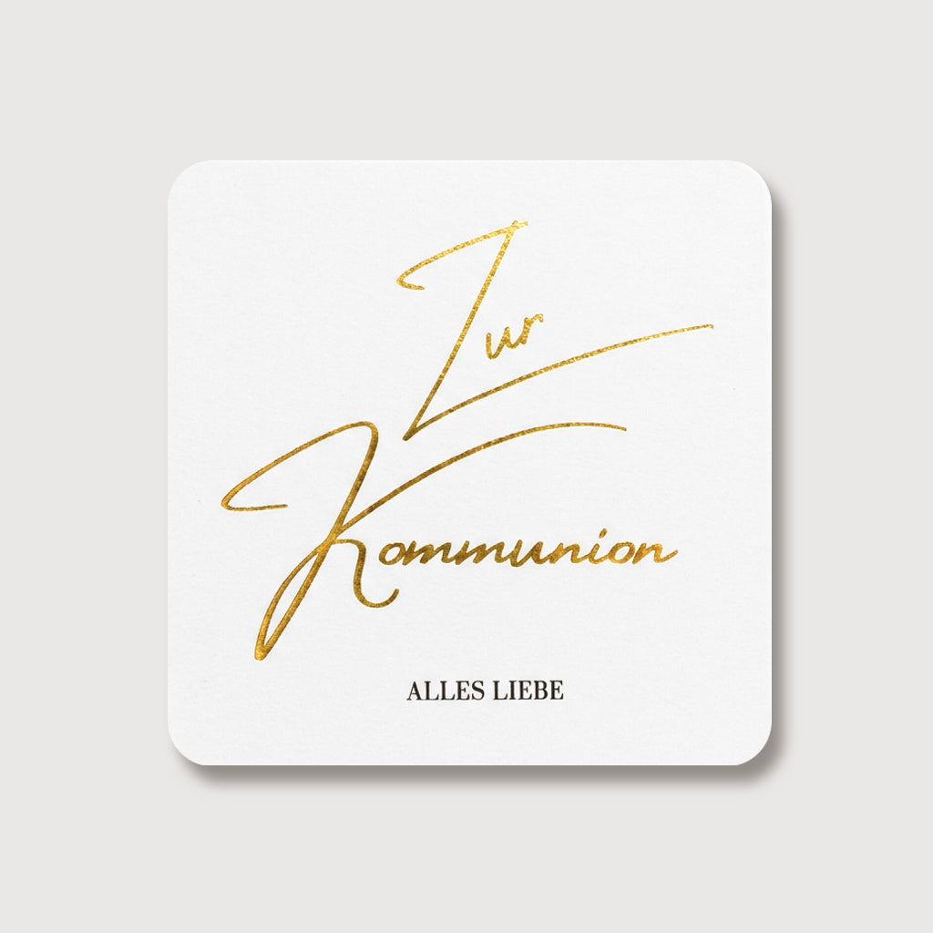 Grußkarte zur Kommunion in goldener Schreibschrift 'Zur Kommunion, Alles Liebe'